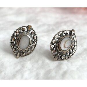 Mother of Pearl Accented Oval Cut Sterling Silver 925 Post Back Stud Earrings